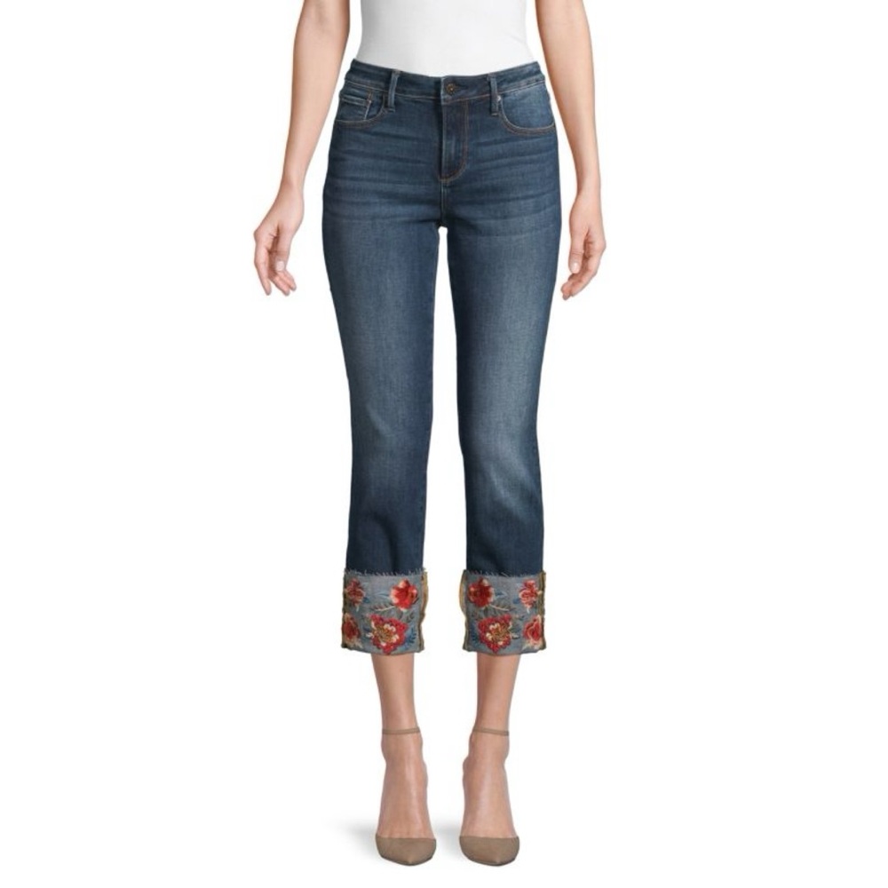 Driftwood Colette Floral Embroidery Straight Cropped Blue Jeans, size 26